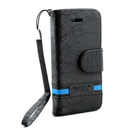 Apple iPhone 5 5S Cloth Flip Leather Wallet TPU Case with Strap and Stand (Black)